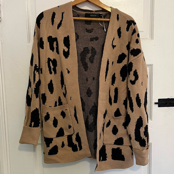 Zesica Brown Black Animal Print Open Front Cardigan S - Picture 7 of 7